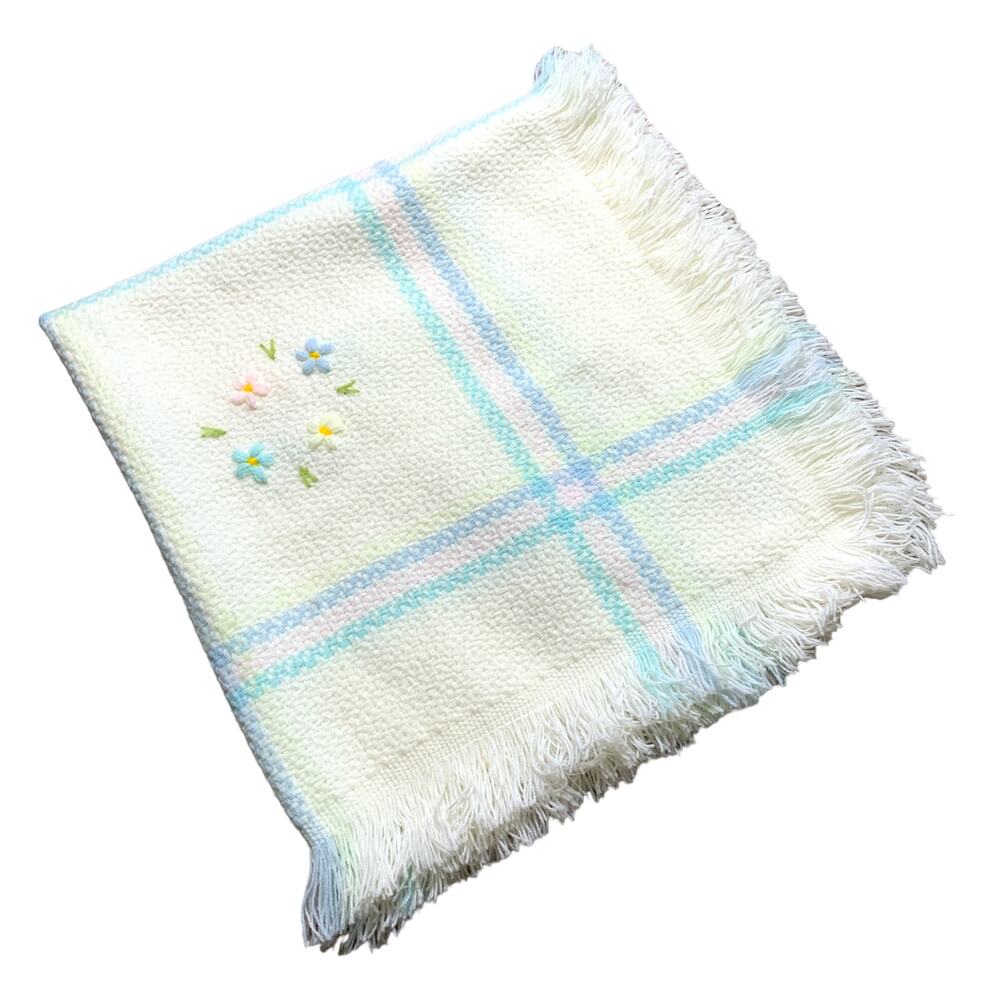 Vintage Knit Woven Floral Embroidered Pastel Baby Girl Blanket